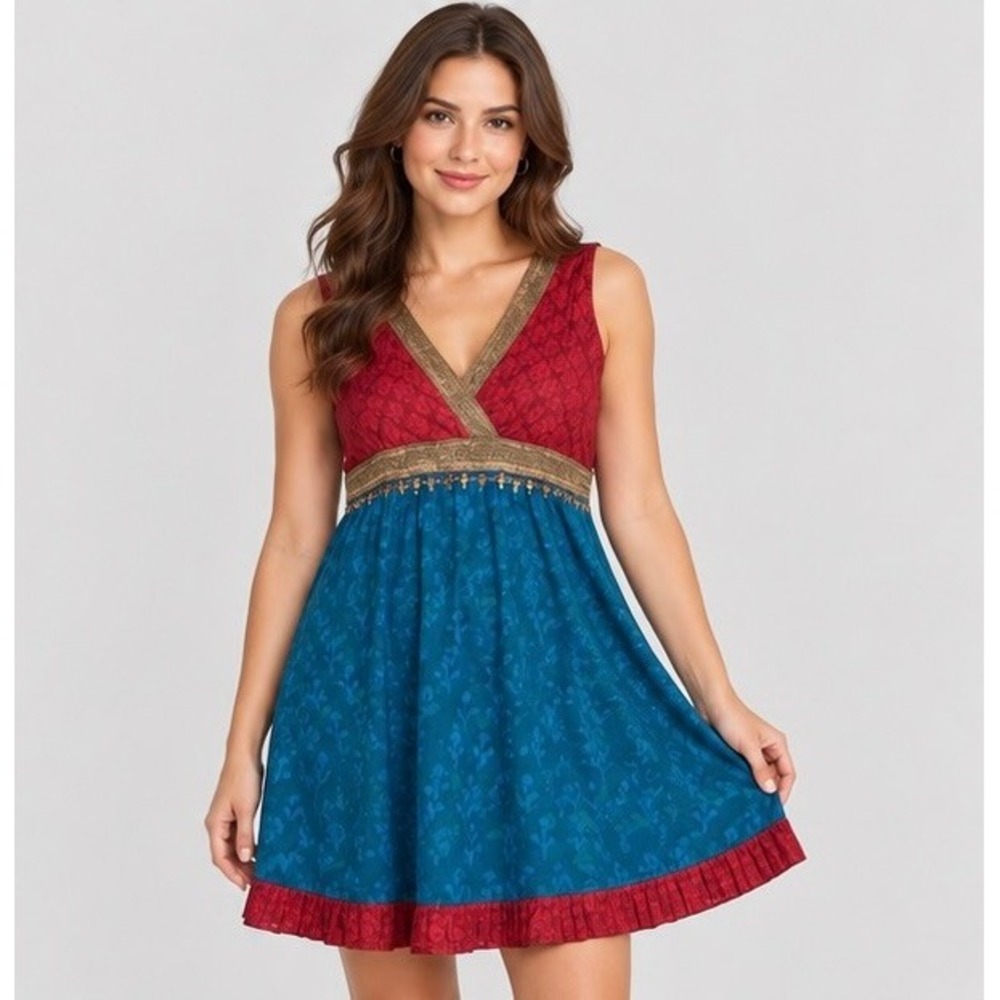 Westside Womens XL Blue Red Cotton Tunic Kurti Mini Dress Boho Whimsigoth Sequin
